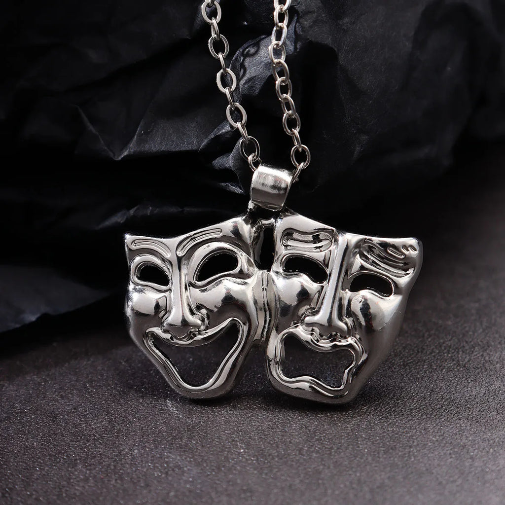 Tragedy Comedy Mask Pendant Necklace — Silver