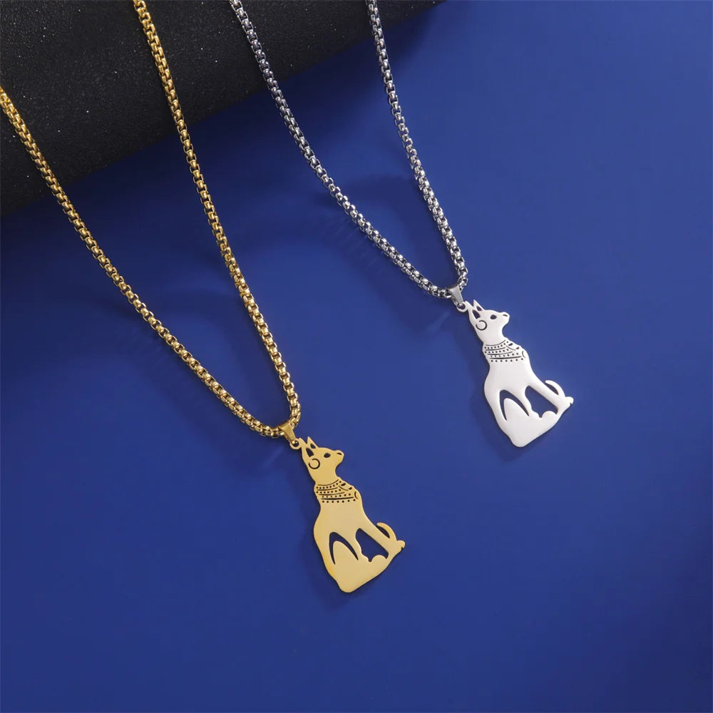 Egyptian Goddess Cat Bastet Pendant Necklace For Women Men Stainless Steel Ancient Egypt Animal Choker Box Chain