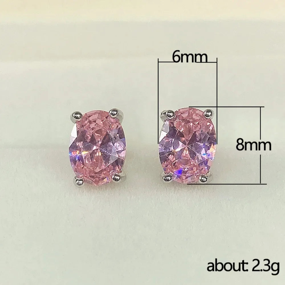 Oval Colored Zircon Four Claw Stud Earrings — Stainless Steel