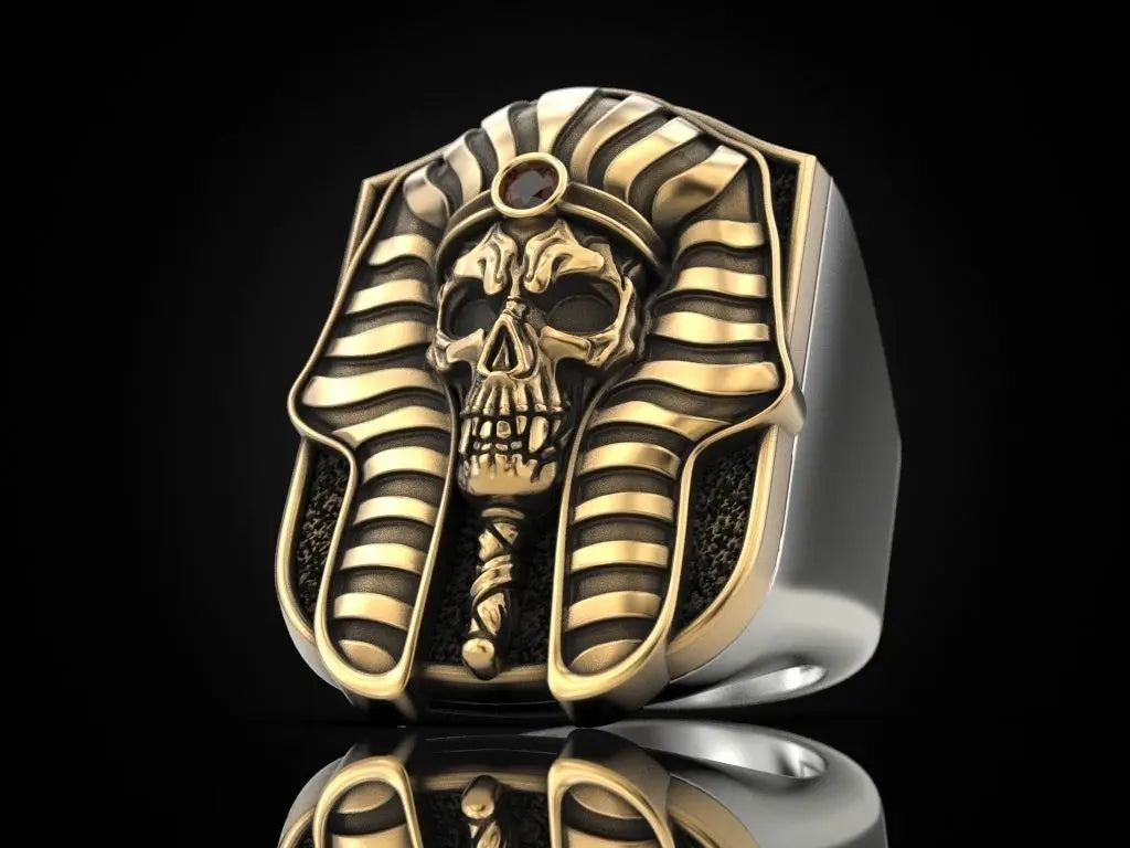 2026 New Egyptian Pharaoh Skull 925 Silver Plated Gold Two tone Ring European and American Exaggerated Punk Punk Ring