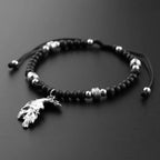 Gothic Half Skull Pendant Bracelet Black Lava Stone Beaded Adjustable Wax Rope Bracelets Men Punk Rock Jewelry