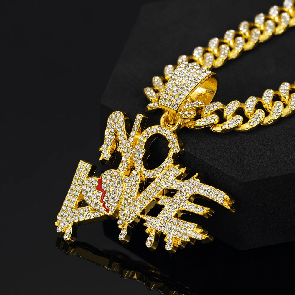 Men Women Hip Hop No Love Heart Letter Pendant Necklace with 13mm Cuban Chain Iced Out Bling Hiphop Necklaces Charm