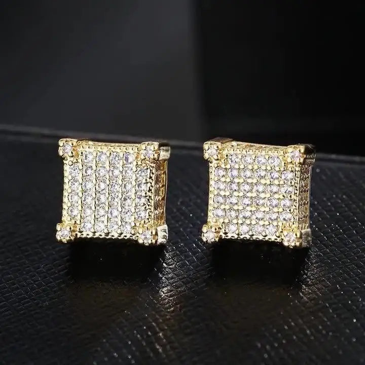 Iced Out Square Zirconia Stud Earrings for Men Women — Gold-Tone