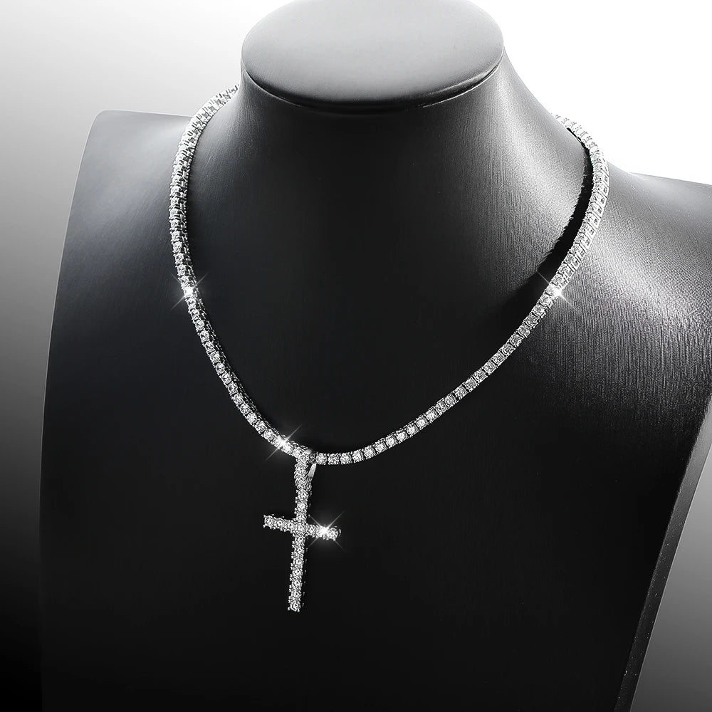 KNOBSPIN Full Moissanite Tennis Necklace with Pendant 925 Sterling Sliver Plated 18k Chain for Man Sparkling HipHop Party Jewely