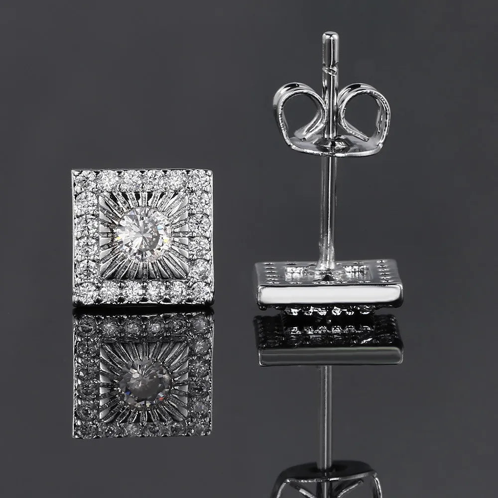 Silver Iced Out Square Stud Earrings CZ