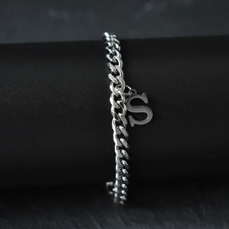 A-Z Initial Letter Cuban Chain Bracelet — Stainless Steel