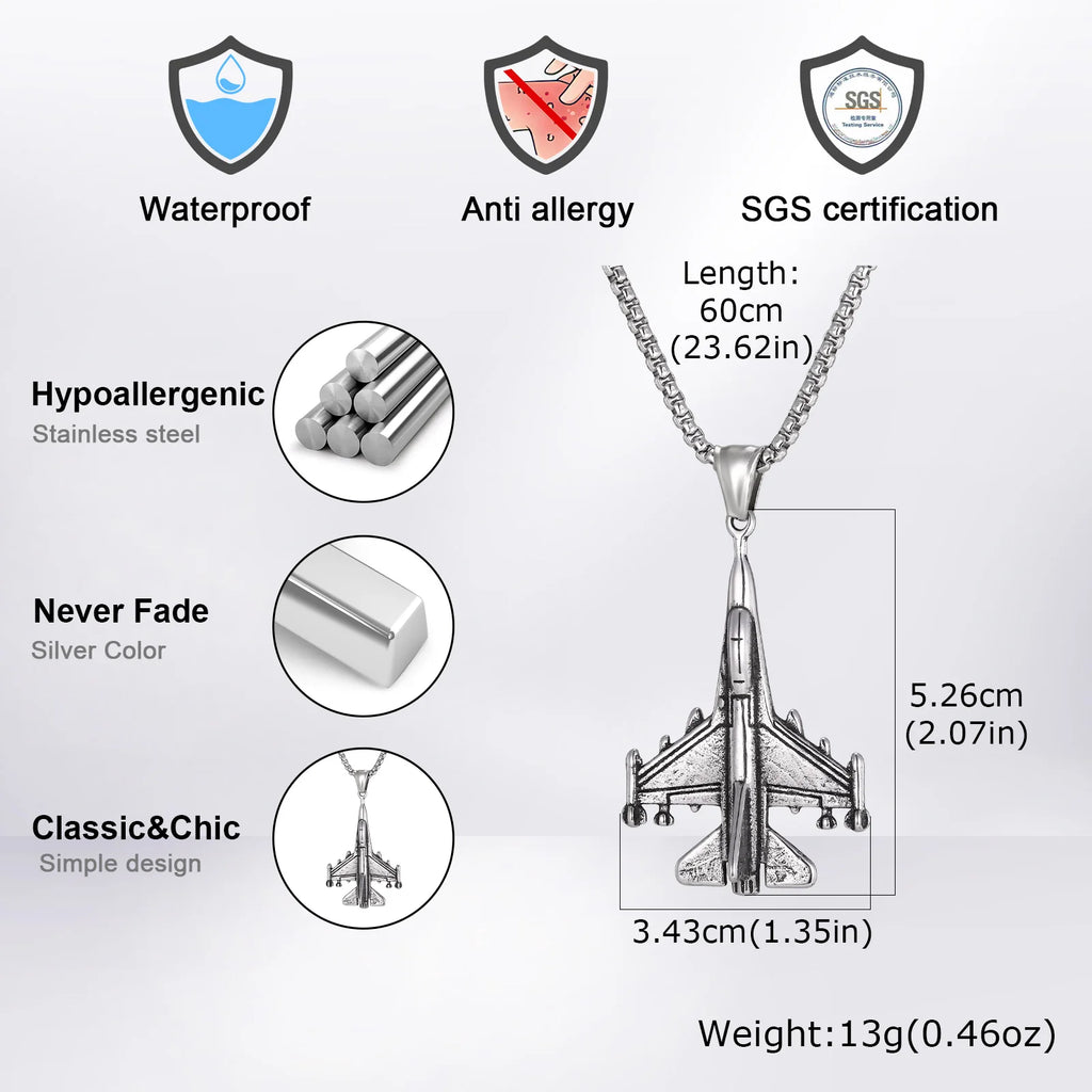 Fighter Jet Pendant Necklace Airplane Aviation — Stainless Steel