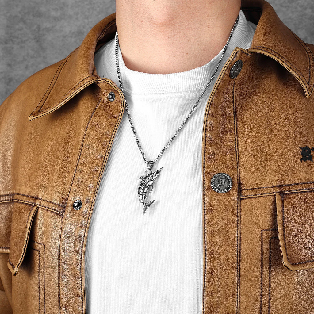 Retro Swordfish Men Necklaces with Pendant Stainless Steel Punk Jewelry for Lure Angler Gift Daily Wear Hip Hop Accessories
