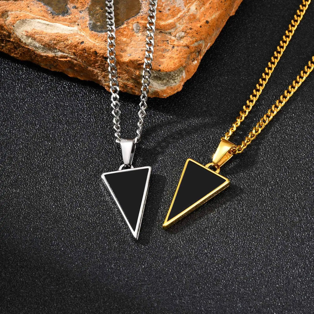 Black Agate Triangle Pendant — Stainless