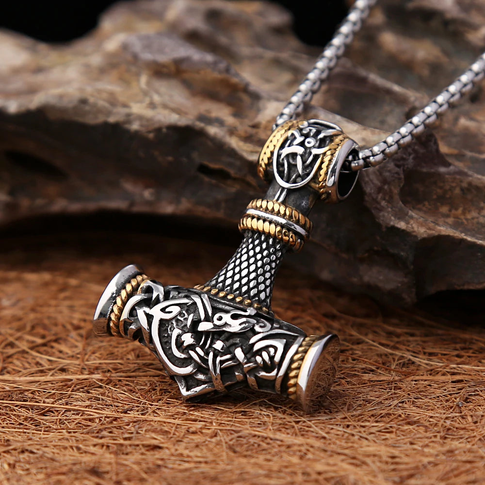Norse Vikings Stainless Steel Thor's Hammer Mjolnir Scandinavian Rune Amulet Necklace Chain Vegvisir Anchor Pendant Male Jewelry