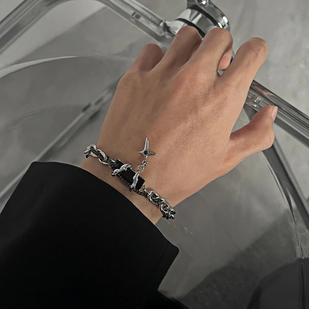 Hip Hop Black Crystal Bracelet Simple Cuban Chain Silver Color Stainless Steel Men Bracelet Retro Jewelry Trendy