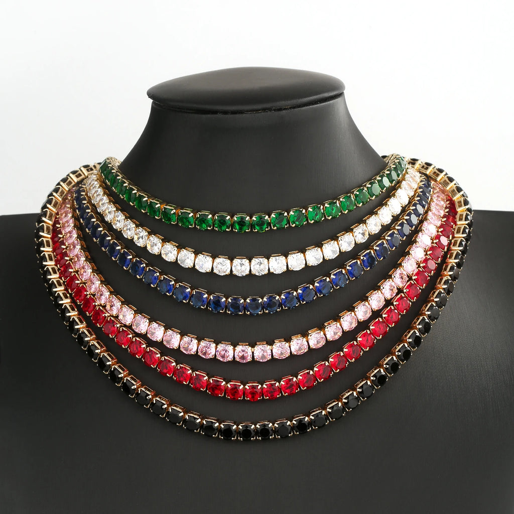 Multi-Color CZ Chain Bracelet Necklace Set 6mm 50cm