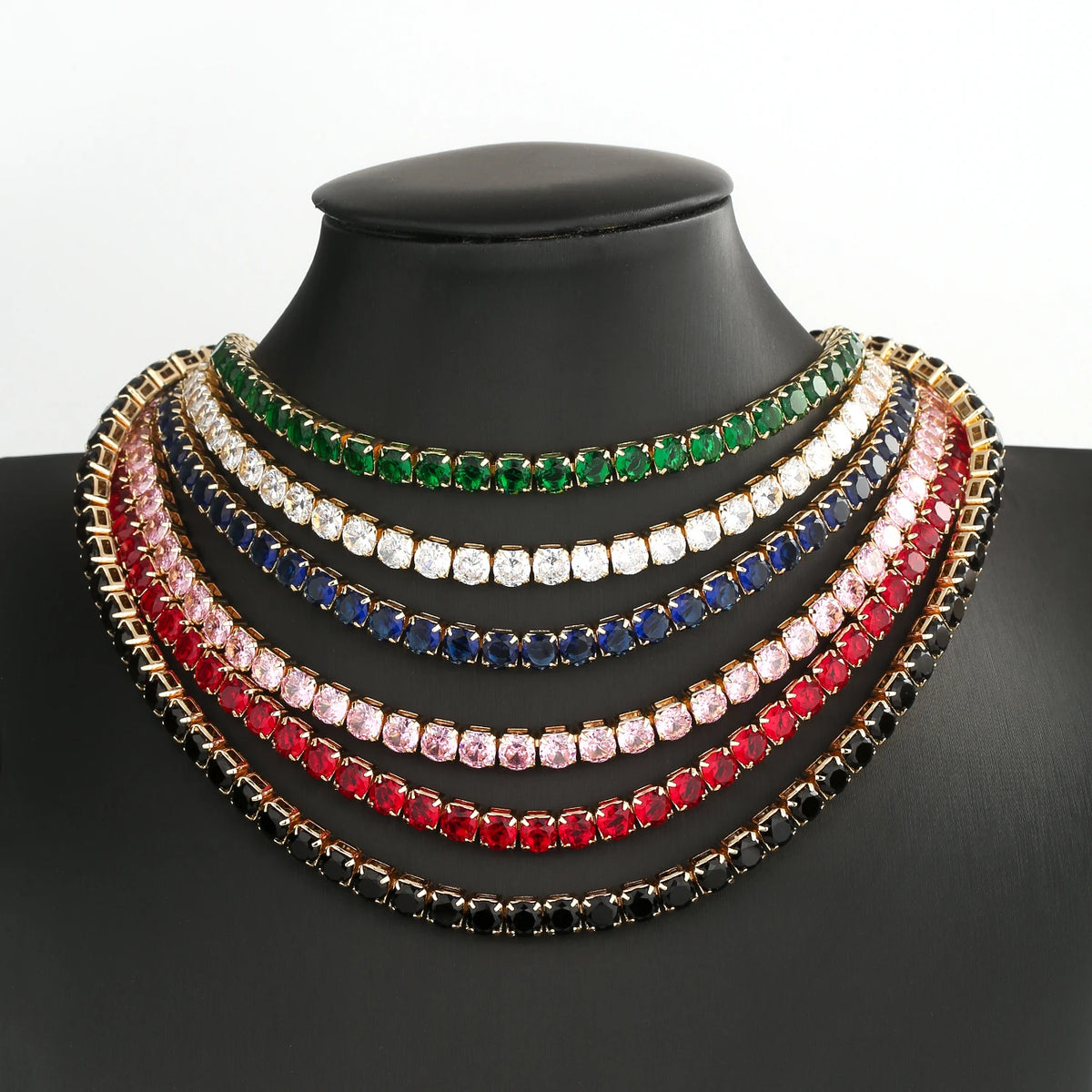 Multi-Color CZ Chain Bracelet Necklace Set 6mm 50cm