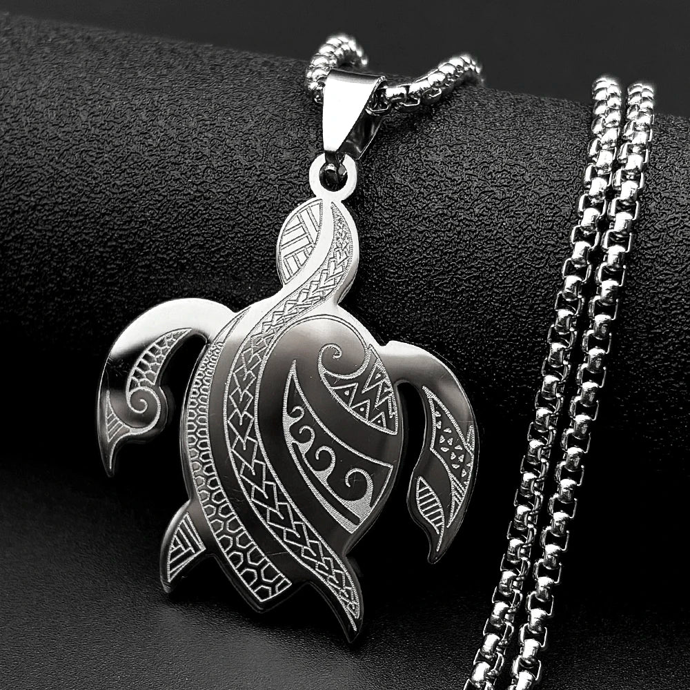 Polynesian Sea Turtle Pendant Necklace — Steel