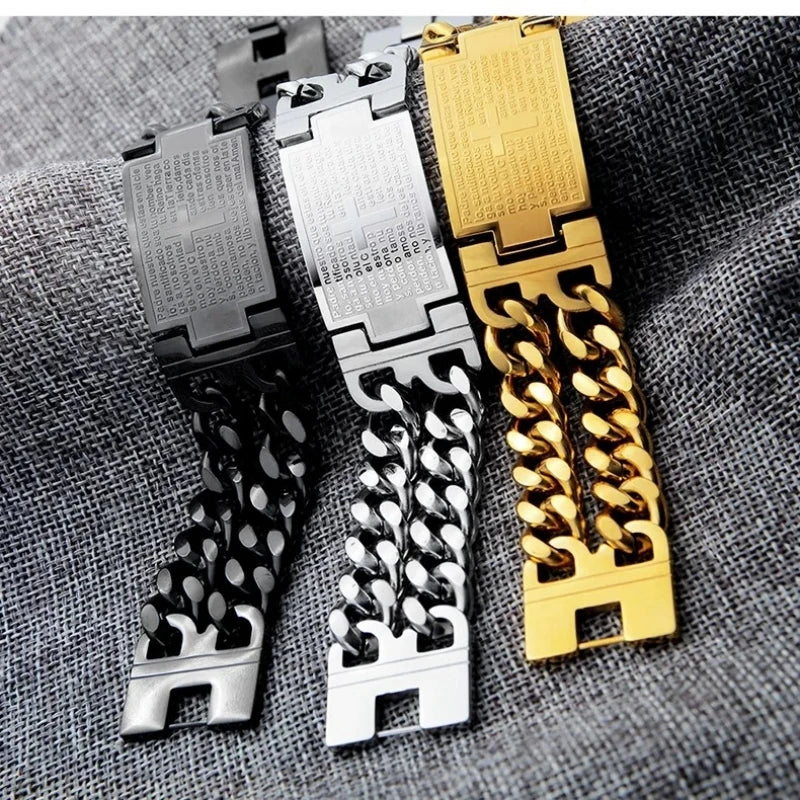 HNSP 24MM Width 316L Stainless Steel Cuban Chain Cross Bracelet For Men Jewelry Male Hand Chain Wrap Bracelets Punk