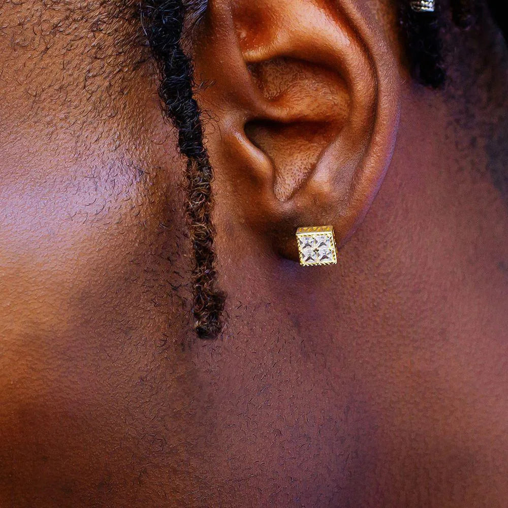 Iced Out Square Stud Earrings for Men — Gold-Tone Piercing Studs