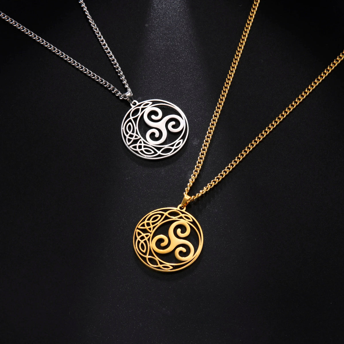 Celtic Triskele Crescent Moon Pendant Necklace — Stainless Steel