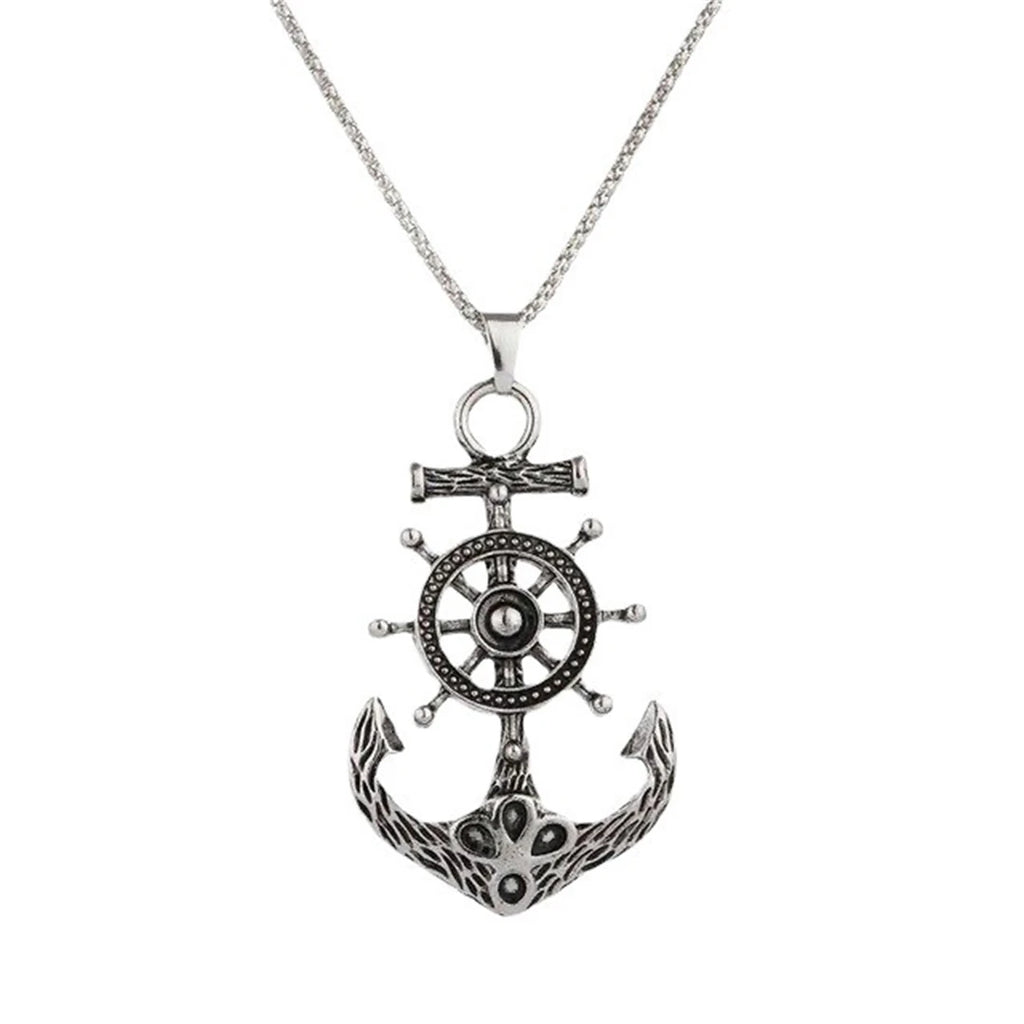 Vintage Nautical Rotatable Ship Wheel Anchor Pendant Necklace