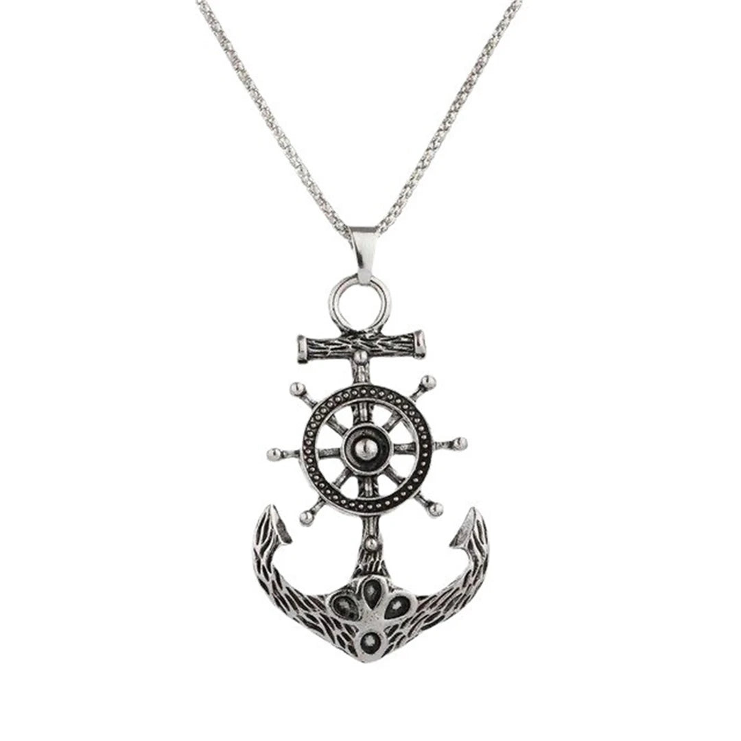 Vintage Nautical Rotatable Ship Wheel Anchor Pendant Necklace