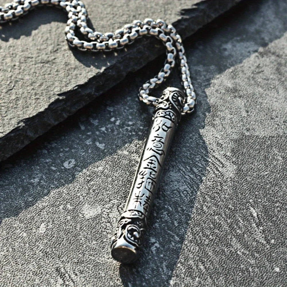 Monkey King Staff Pendant Necklace — Retro Silver-Tone