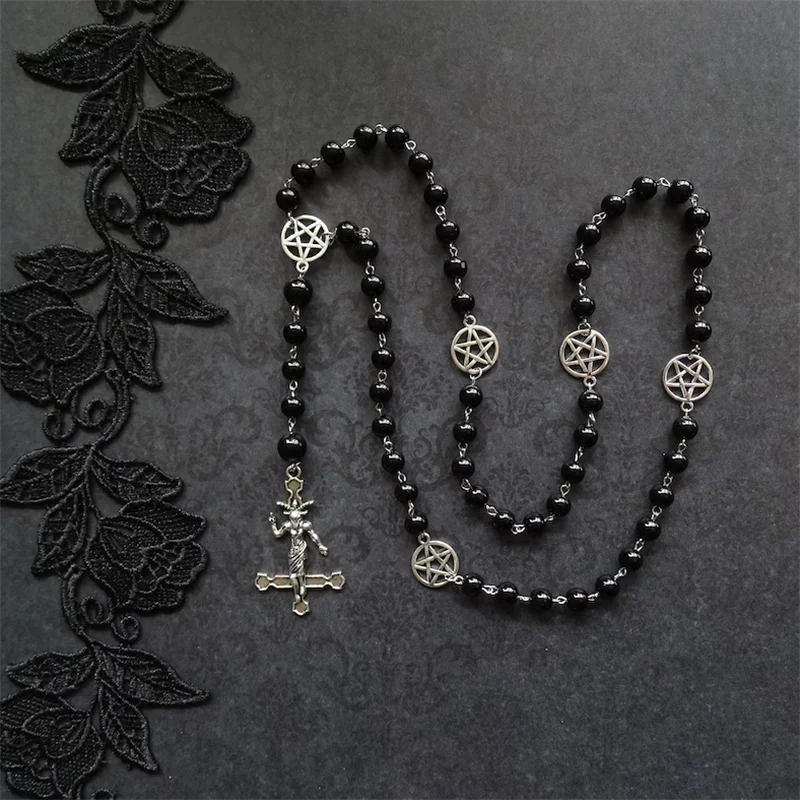 Baphomet Pentagram Cross Necklace — Black Metal
