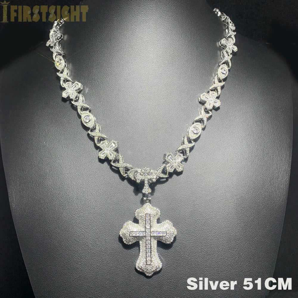 2025 New Iced Out Cross Pendant Necklace for Men Women Bling Gold Color Cubic Zirconia Infinity Link Eye Charm Hip Hop