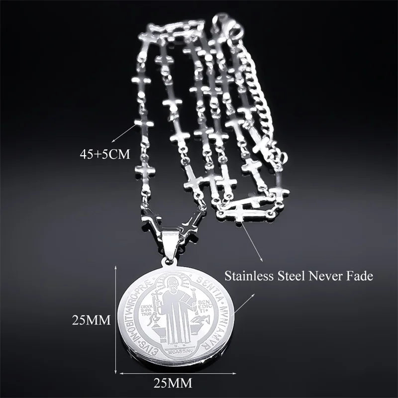 Catholic Saint Benedict Medal Stainless Steel Necklace for Women Men Gold Color Jesus Cross Chain Jewelry san benito