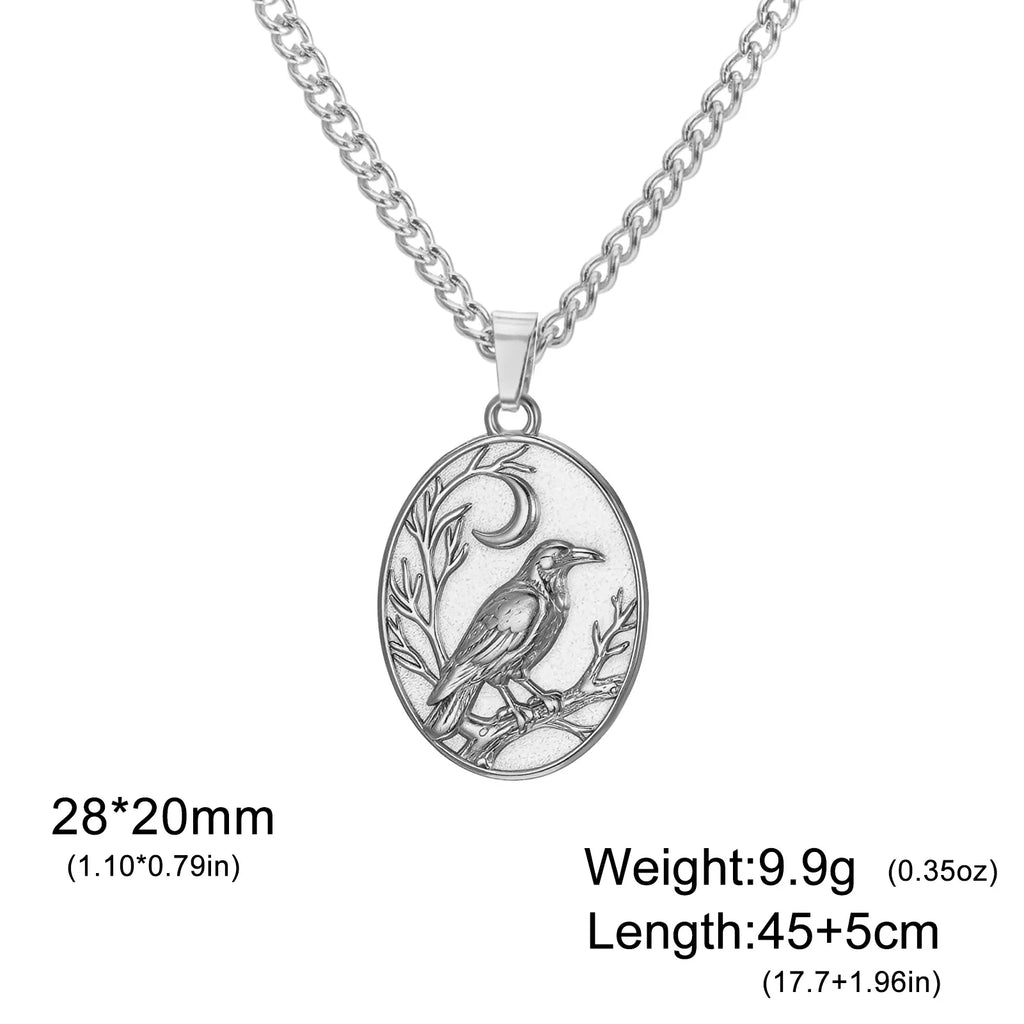 Skyrim Raven Crescent Moon Oval Pendant Necklace Stainless Steel Gothic Witchcraft Amulet Neck Chain for Men Women Jewelry Gift