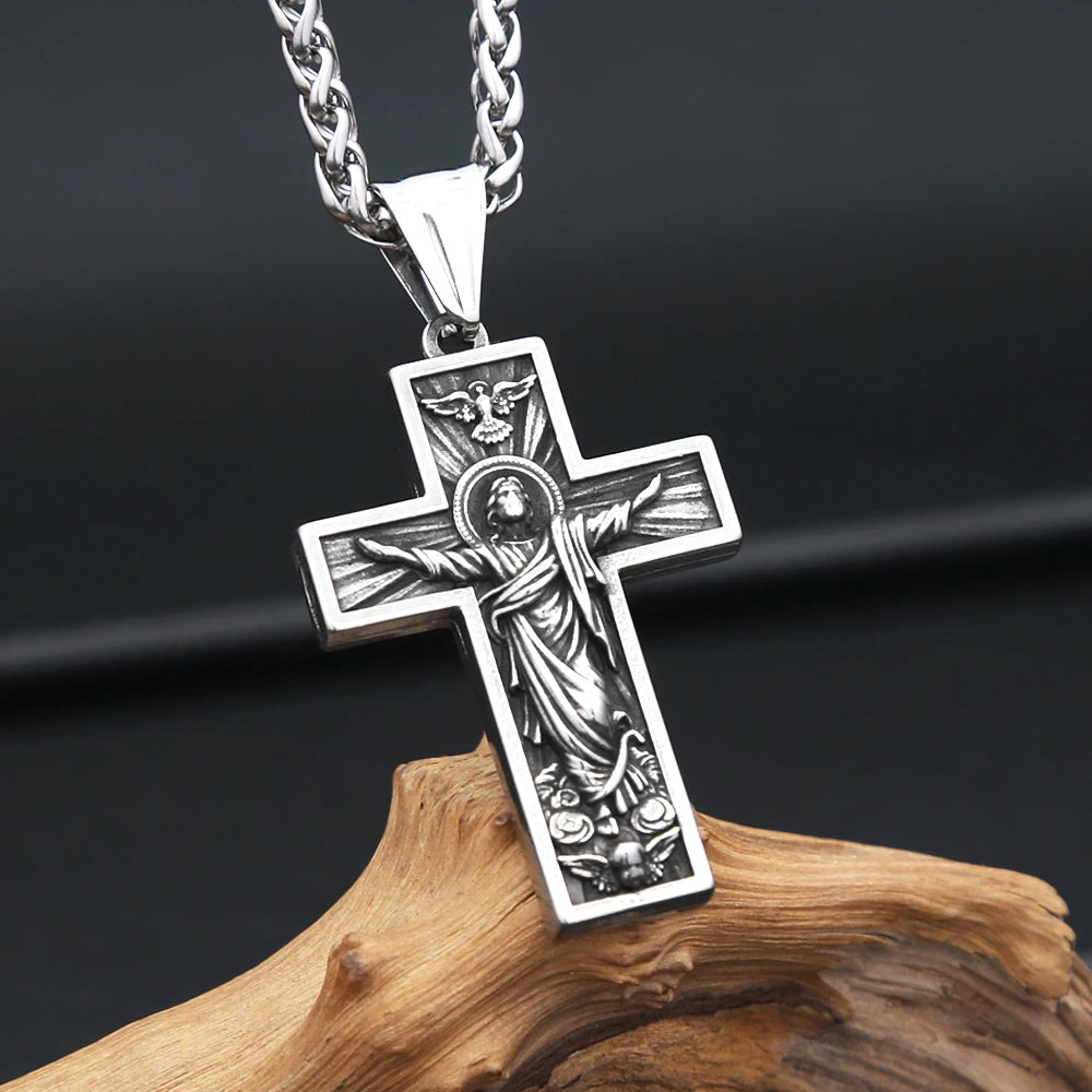 Vintage 316L Stainless Steel Cross Jesus Pendant Necklaces For Men Boys Punk Fashion Christian Amulet Jewelry Gifts Dropshipping