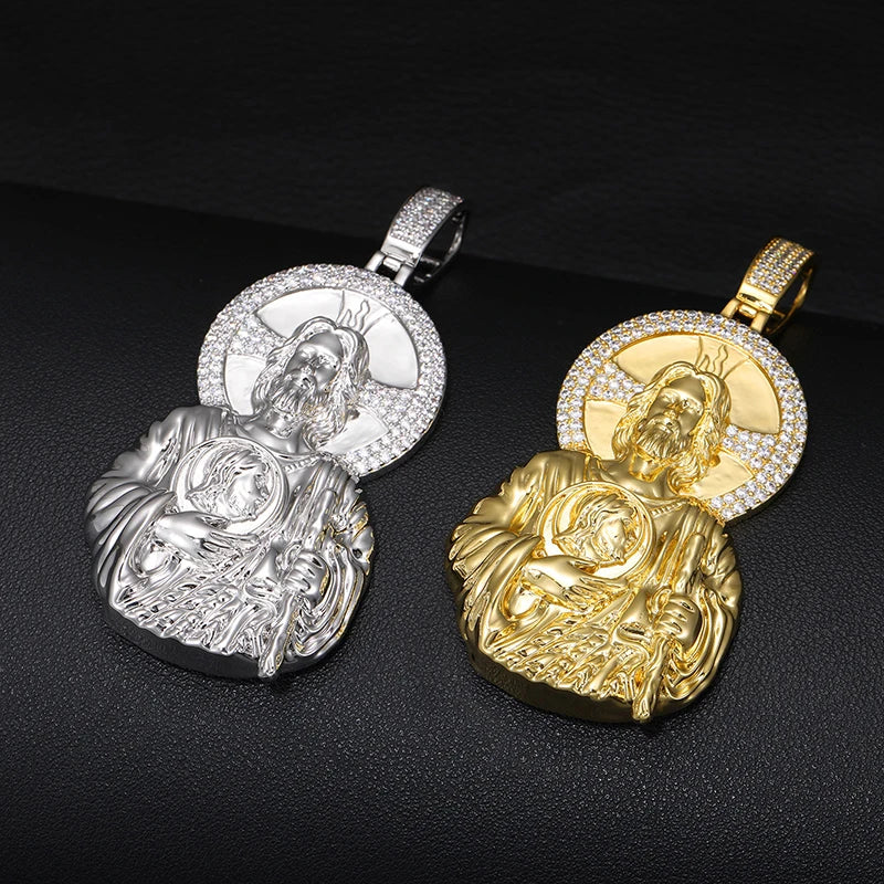 Iced Out Cross Jesus Piece Pendant Necklace — Copper Alloy