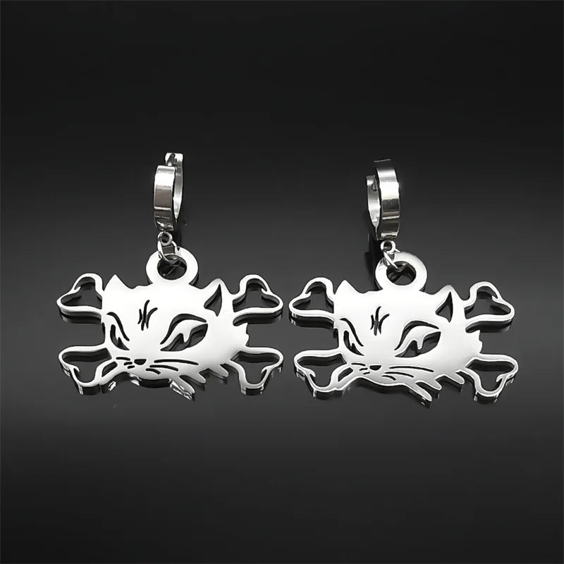 Cat Silver Earrings Vintage Head Bone Hoop Gothic