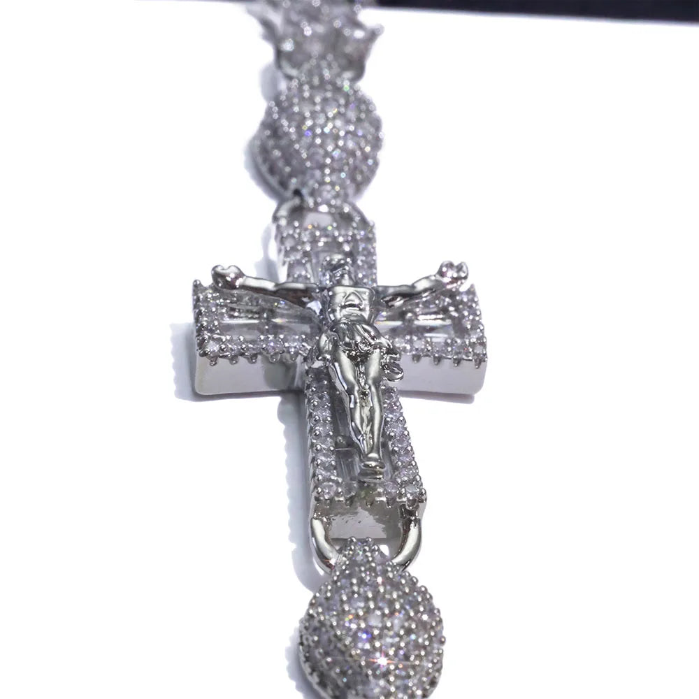 Cross Iced Out Rosary Chain Necklace Stainless Steel