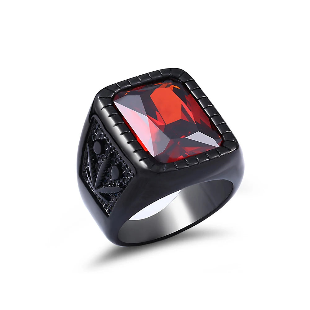 Fashion Stainless Steel Natural Red Stone Square Rings Punk Biker Black Leaf Shape Ring For Men Party Jewelry Gifts Wholesale