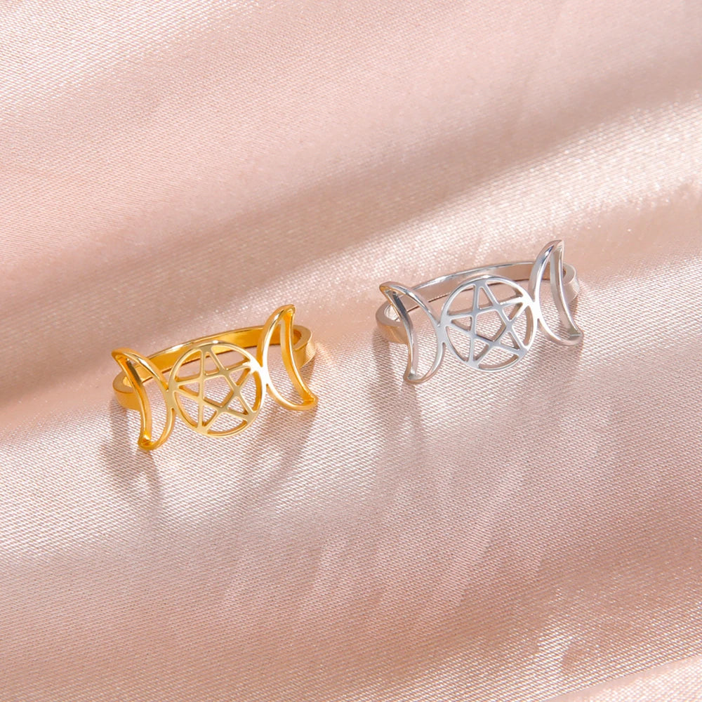 Triple Moon Pentagram Signet Ring — Stainless Steel