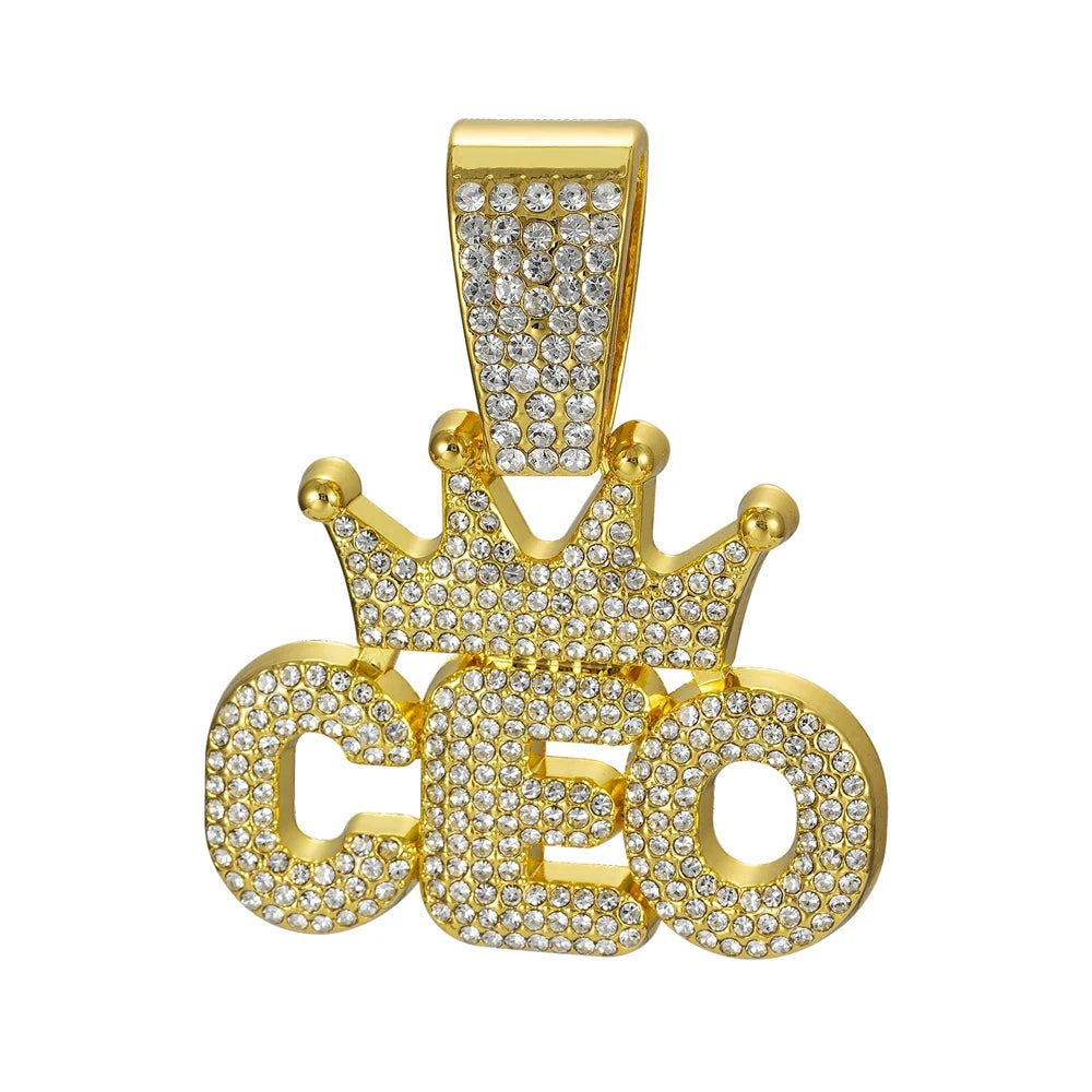 Iced Out Crown CEO Letter Pendant Cuban Link Chain Necklace