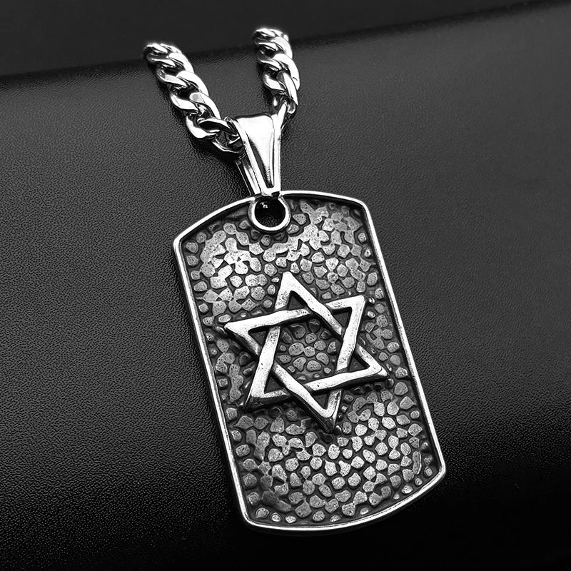Hebrew Star of David Dog Tag Pendant Necklace for Women Men Stainless Steel Gold Silver Color Jewish Hip Hop Chain