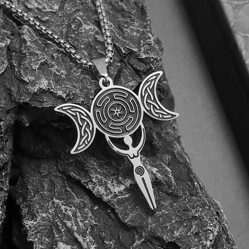 Greek Hecate Triple Moon Pendant Necklace — Stainless Steel