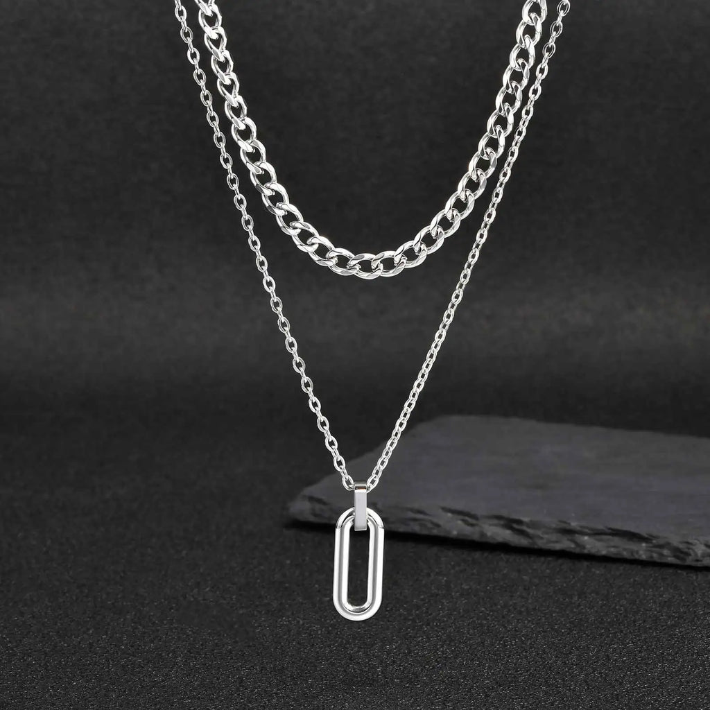 Stylish Geometry Layering Necklaces for Men Women,Silver Color Stainless Steel Rectangle Pendant Neacklace,Birthday