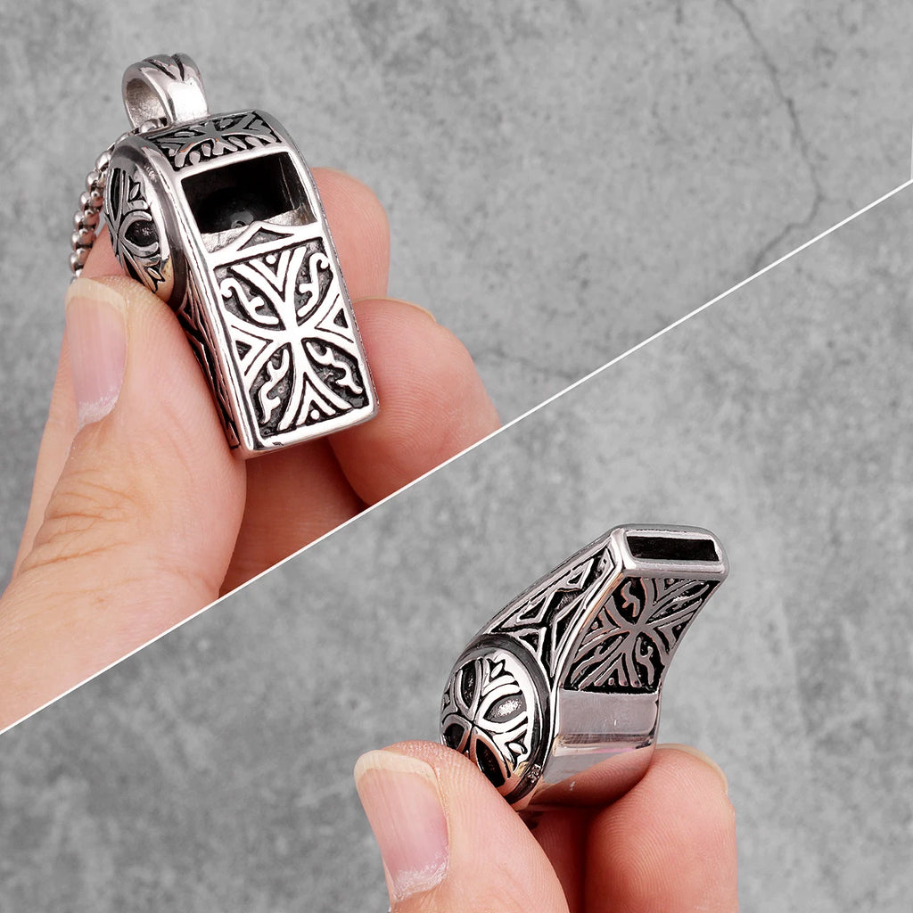 Vintage Whistle Pendant Long Necklace — Steel