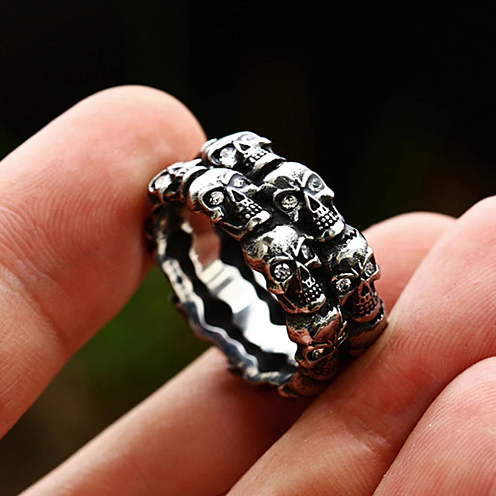 Vintage Punk Crystal Stone Skull Ring For Men Hiphop Rock Locomotive Stainless Steel Rings Party Jewelry Creative Gift