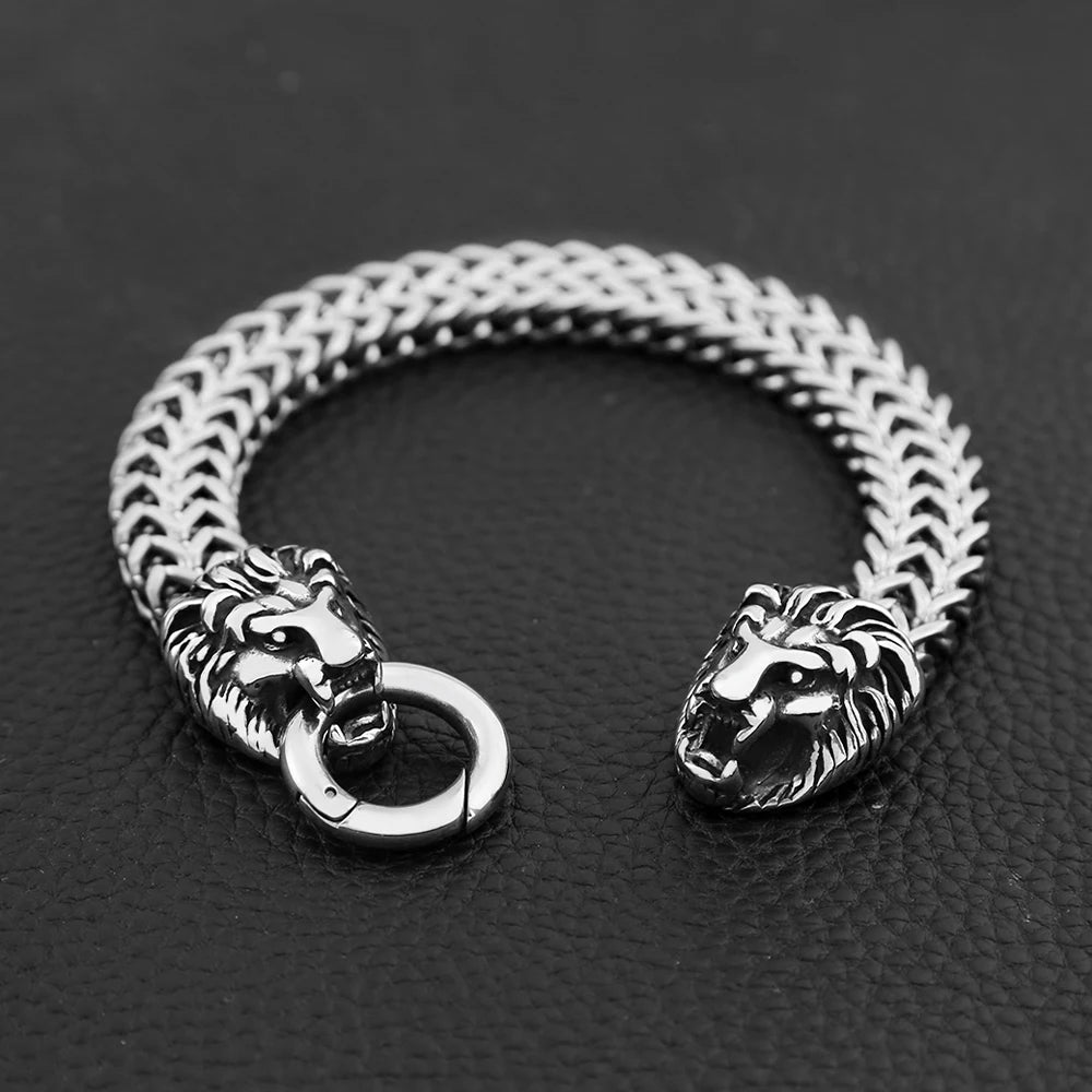 Double Lion Head Biker Bracelet — Stainless Steel, 23.5cm