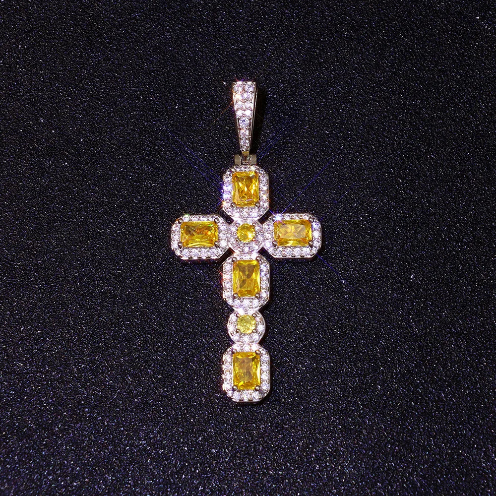Cross Pendant Necklace Iced Out Yellow CZ