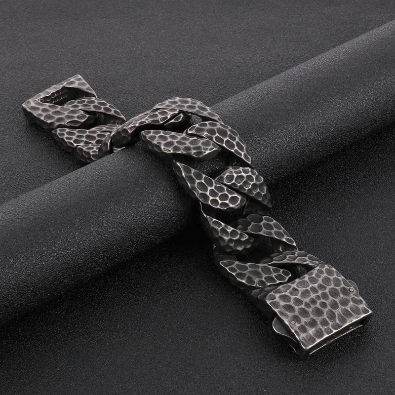 Heavy Curb Bracelet for Men Vintage Stainless Steel Foundry Tapping Pattern Cuban Chain Male Bangle Bracelets Jewelry