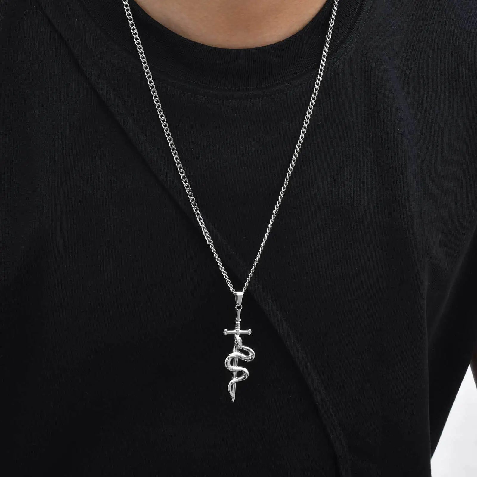Cross Snake Cuban Chain Pendant Necklace