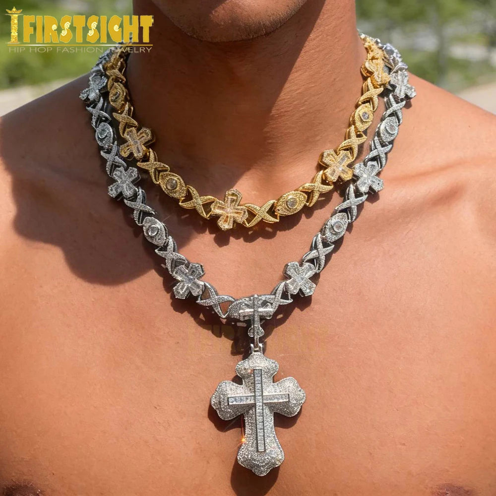 2025 New Iced Out Cross Pendant Necklace for Men Women Bling Gold Color Cubic Zirconia Infinity Link Eye Charm Hip Hop