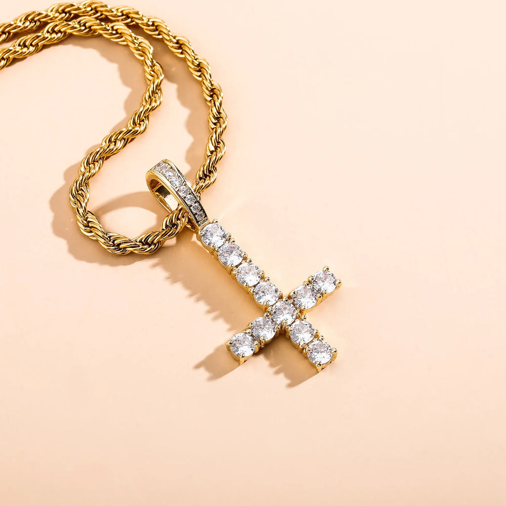 JINAO New Upside Down CROSS Pendant PINK Black Iced Out Cubic Zirconia Men's Necklace Hip Hop Fashion Jewelry For Gift