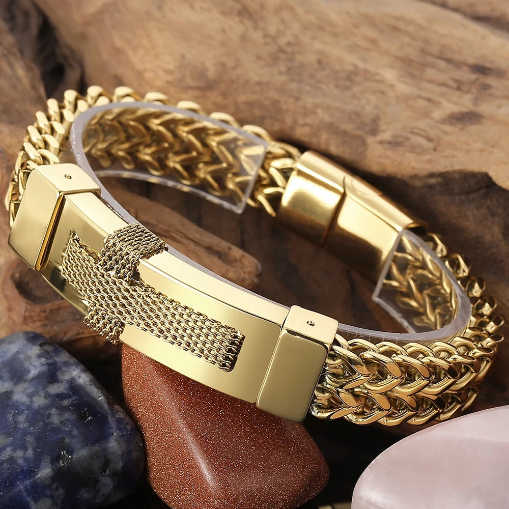 Christian Cross Bracelet for Man Gold Color Stainless Steel Men's Wrist Bracelets On Hand Man Jewellery Accessories