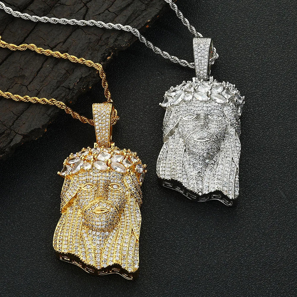 Gold Jesus Face Pendant Necklace Iced Out 18K
