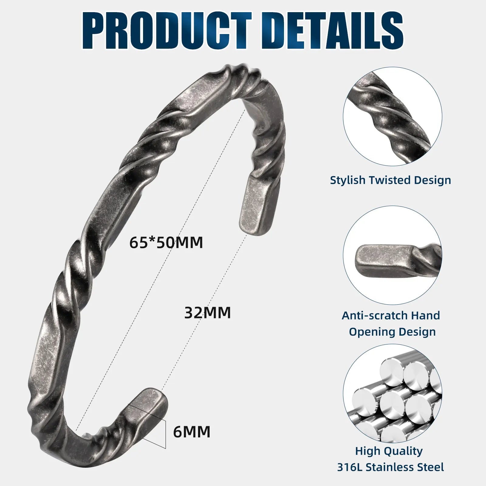 Twisted Open Bangle Bracelet — Stainless Steel