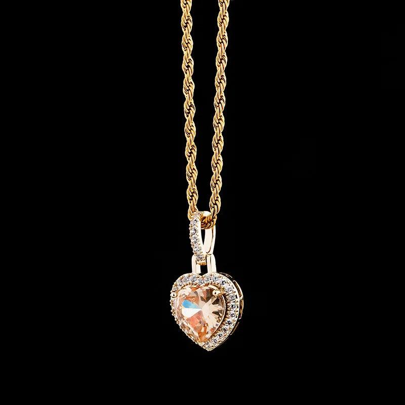 Iced Out Heart Pendant Necklace Stainless Steel CZ